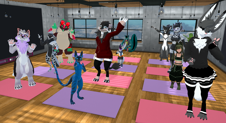 Avatars practicing yoga together on their mats in VRChat