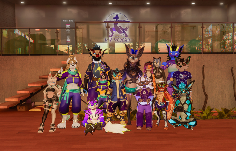 VR Yoga members posing together under the group logo