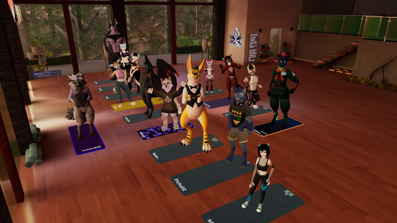 A VR yoga class on their mats in a sunlit studio